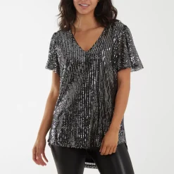 JEANS Lyhythihaiset Paidat Ja Topit>Qed LDN Beth paljettipaita musta